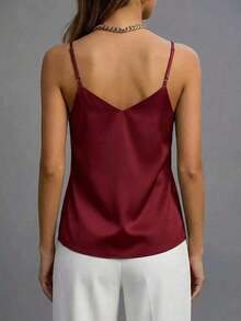 1 pieza Ropa de mujer de verano, blusa de satén de unicolor elegante y de moda sin mangas y con espalda descubierta, adecuada para el verano, citas por la noche, la oficina, vacaciones y uso casual diario - Burdeos - Ver 4