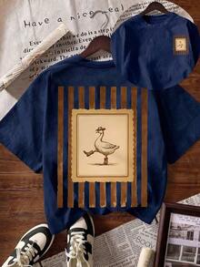 Camiseta casual de mujer de manga corta, cuello redondo, con estampado divertido de ganso vaquero del oeste, top de verano - Azul oscuro - Ver 1