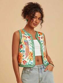 Chaleco ligero de mujer con bordado floral y de loro, chaleco bohemio, chaleco floral, estilo casual de mujer, atuendo para salir, atuendos elegantes, estilo campestre para mujer, atuendos casuales, chaleco elegante - Verde - Ver 3
