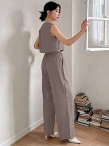 Set de 2 piezas de camisa y pantalones de pierna ancha de unicolor para mujer, conjuntos de ropa de descanso para mujer - Marrón - Ver 2