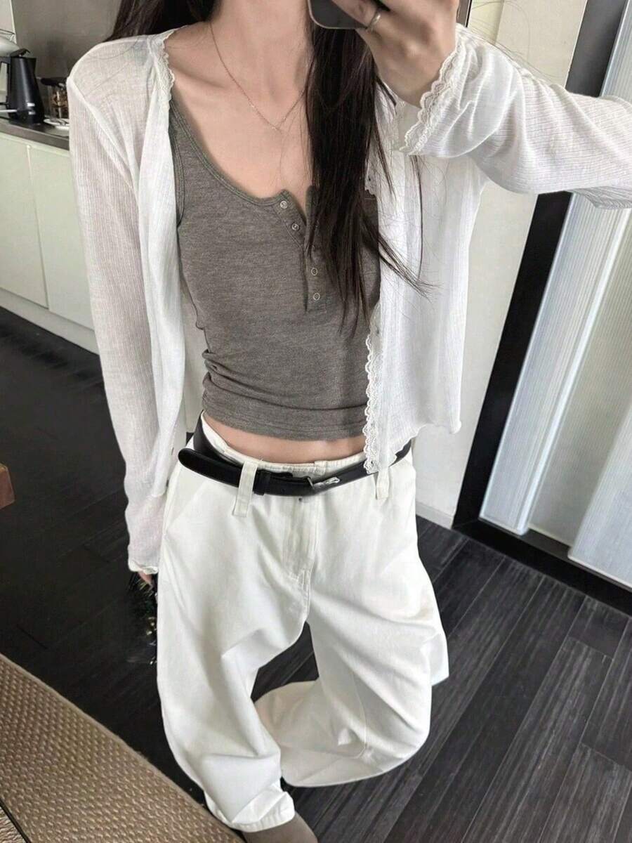 春夏 柔らか薄手uvカットカーディガン 肌触り快適 薄手 アウター 可愛い レース編み トップス 紫外線対策 カーディガン 着痩せ 百掛け シャツ 冷房対策 通勤 通学 ビーチ 海辺 デート カジュアル ボタンフロント デイリー 学校 - ホワイト - チェックする 1