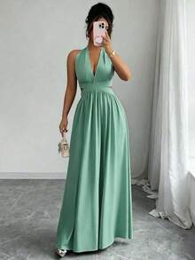 Elegante vestido sin mangas con cuello en V, diseño hueco en la cintura y pliegues, color morado, nueva llegada de primavera/verano - Turquesa - Ver 3