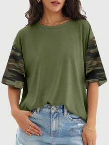Camiseta holgada para mujer de manga corta y cuello redondo, camisa casual estilo Y2K, básica para deportes de verano - Verde Oliva - Ver 3