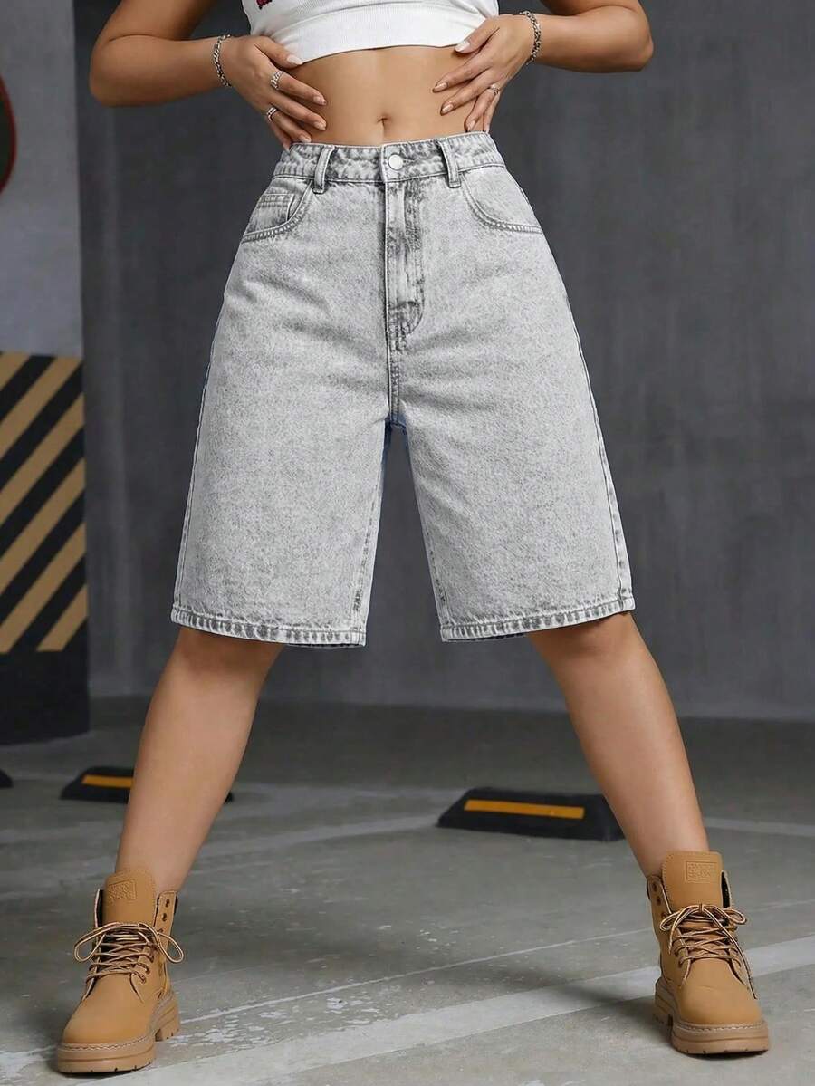 Women's Casual Street Style Mid-Waist Loose Fit Stretchy Denim Shorts Summer - Light Grey - View 1