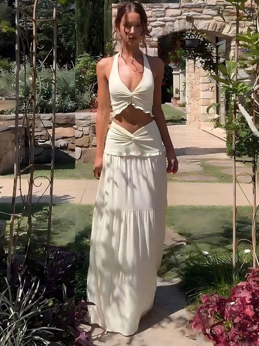Two-Piece Set: Sleeveless Top With V-Neck And Halter Neck And Long Ruffled Skirt - 杏色 - 查看 1