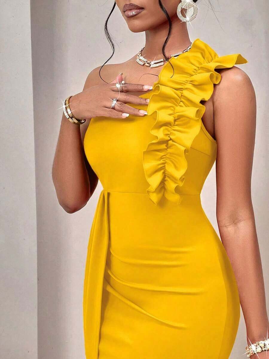 AIJ Vestido elegante de corte asimétrico con hombro descubierto, diseño fruncido y volantes, sin mangas, para mujer, unicolor, para fiestas, citas, fiestas de solteros, cenas formales o eventos de gala en otoño e invierno 2024 - amarillo ganso - Ver 1