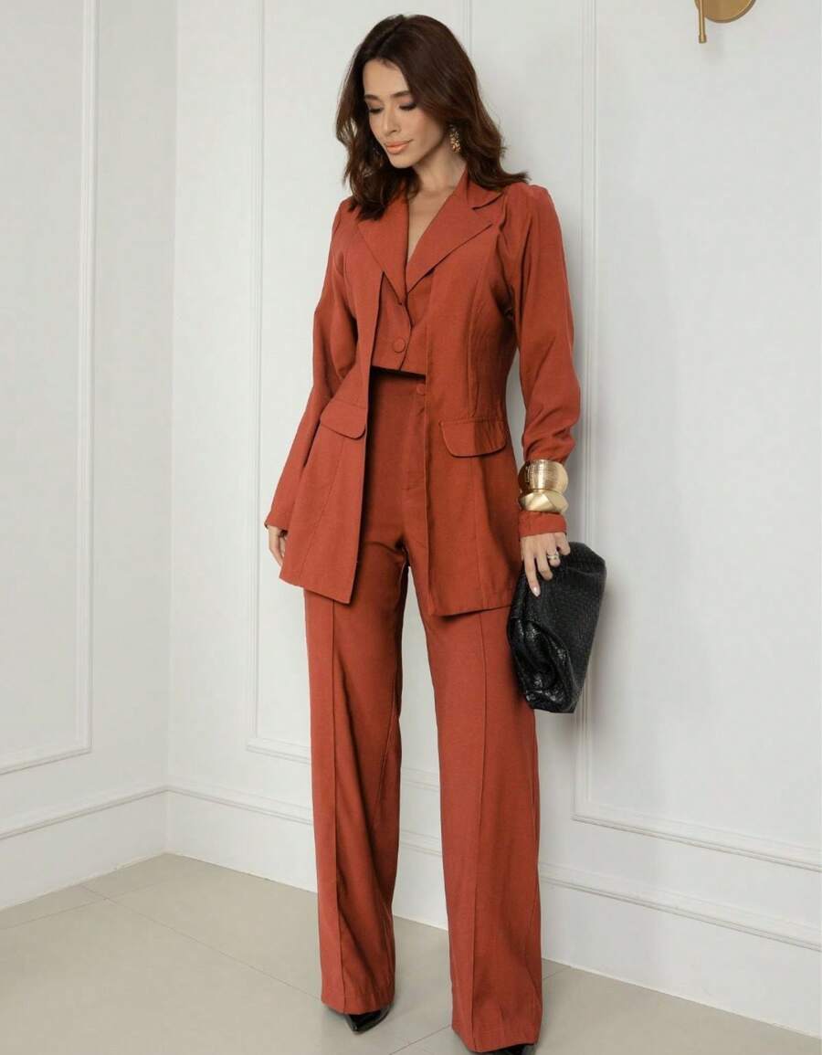 Premium Women's Double Blazer And Pants Set - Terracotta - View 1