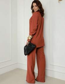 Premium Women's Double Blazer And Pants Set - Terracotta - View 3