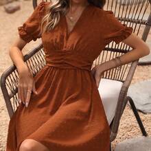 Swiss Dot Puff Sleeve Ruffle Detail Shirred Waist A-line Dress - Verde militar - Ver 4