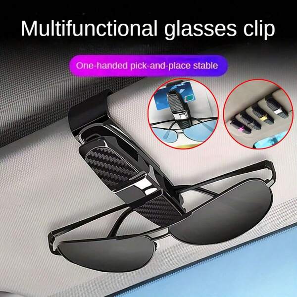 Soporte universal para gafas de sol para parasol de coche, soporte de doble extremo con clip para billetes y tarjetas, accesorio resistente y fácil de instalar para el interior del coche, elegante acabado metálico, ajuste universal para la mayoría de los vehículos (color aleatorio).
