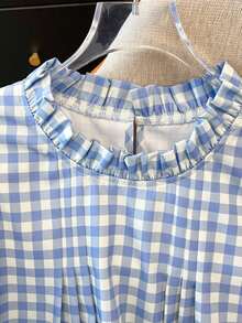 Camisas para mujer sencillas de uso casual/oficina con cuello con volantes, para primavera/verano - Azul y blanco - Ver 3