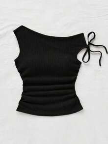 Blusa de punto con textura de burbujas de color albaricoque, con hombros asimétricos y cintura anudada, de corte ajustado, adecuada para fiesta, cita, paseo por la ciudad, viaje por carretera, playa de verano - Negro - Ver 5