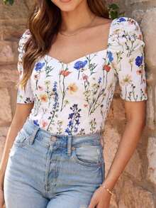 Blusa con estampado floral, cuello corazón y mangas con volantes para vacaciones - Albaricoque - Ver 3