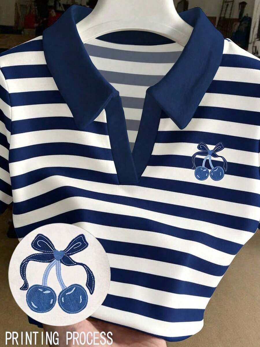 Blusa casual de mujer con estampado de cerezas y cuello de contraste de manga corta - Multicolor 2 - Ver 1