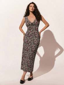 Vestido de verano con escote en V sin mangas con estampado floral diminuto para vacaciones en la playa - Rosa - Ver 6