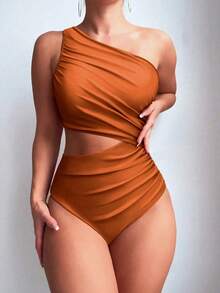 Swim 1 pieza Traje de baño de una pieza para mujer con diseño calado y fruncido en color liso - Bronce - Ver 4