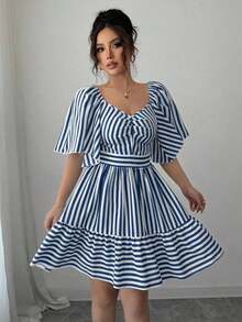 Elenzya Vestido de primavera y verano de talla media con rayas azules y blancas, manga corta, elegante y casual, con cintura ajustada para mujeres - Azul marino - Ver 3