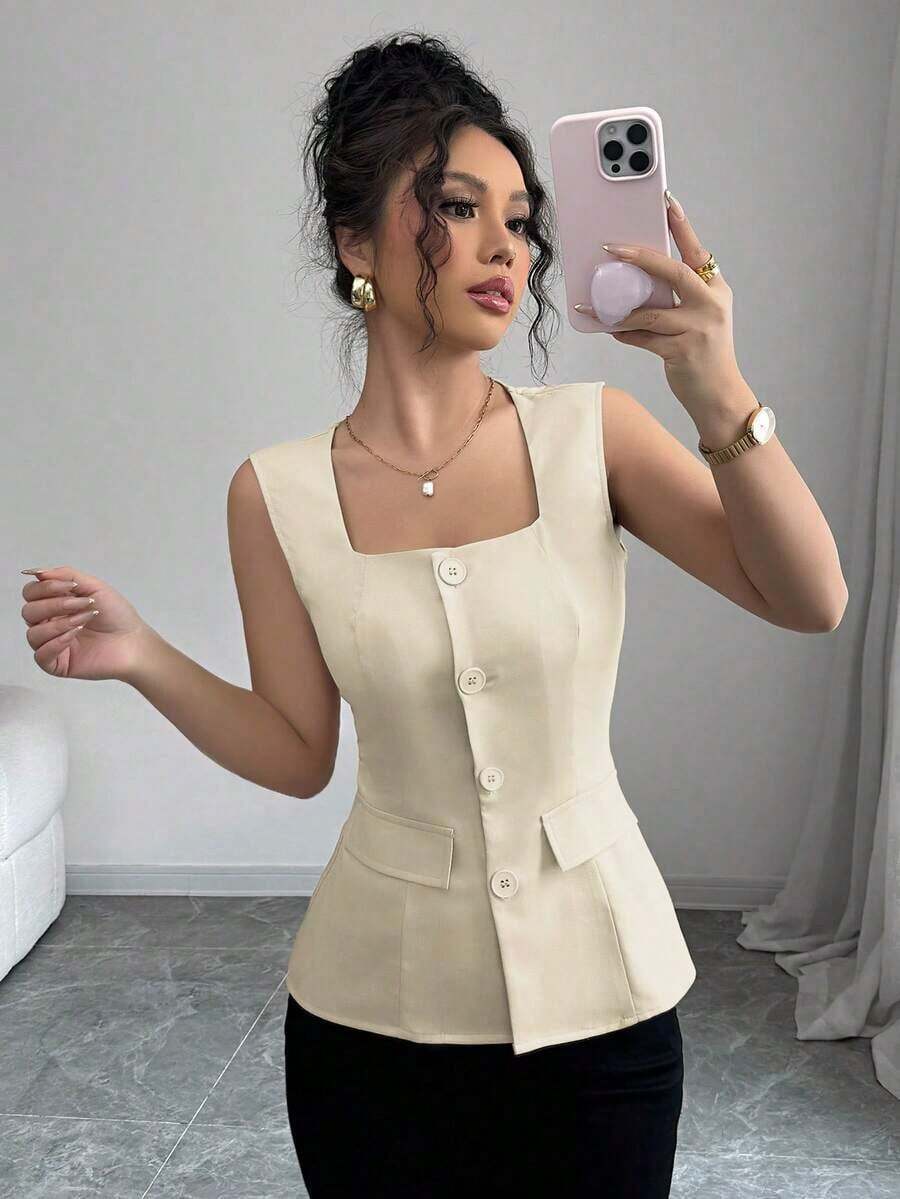 Blusa elegante de mujer con cuello cuadrado sin mangas, decoración con bolsillo falso, camisa ajustada de oficina, primavera/verano - amarillo ganso - Ver 1