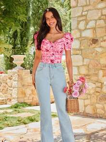 Camiseta de ajuste ceñido con mangas obispo y estampado floral elegante, de verano - Rosa - Ver 1