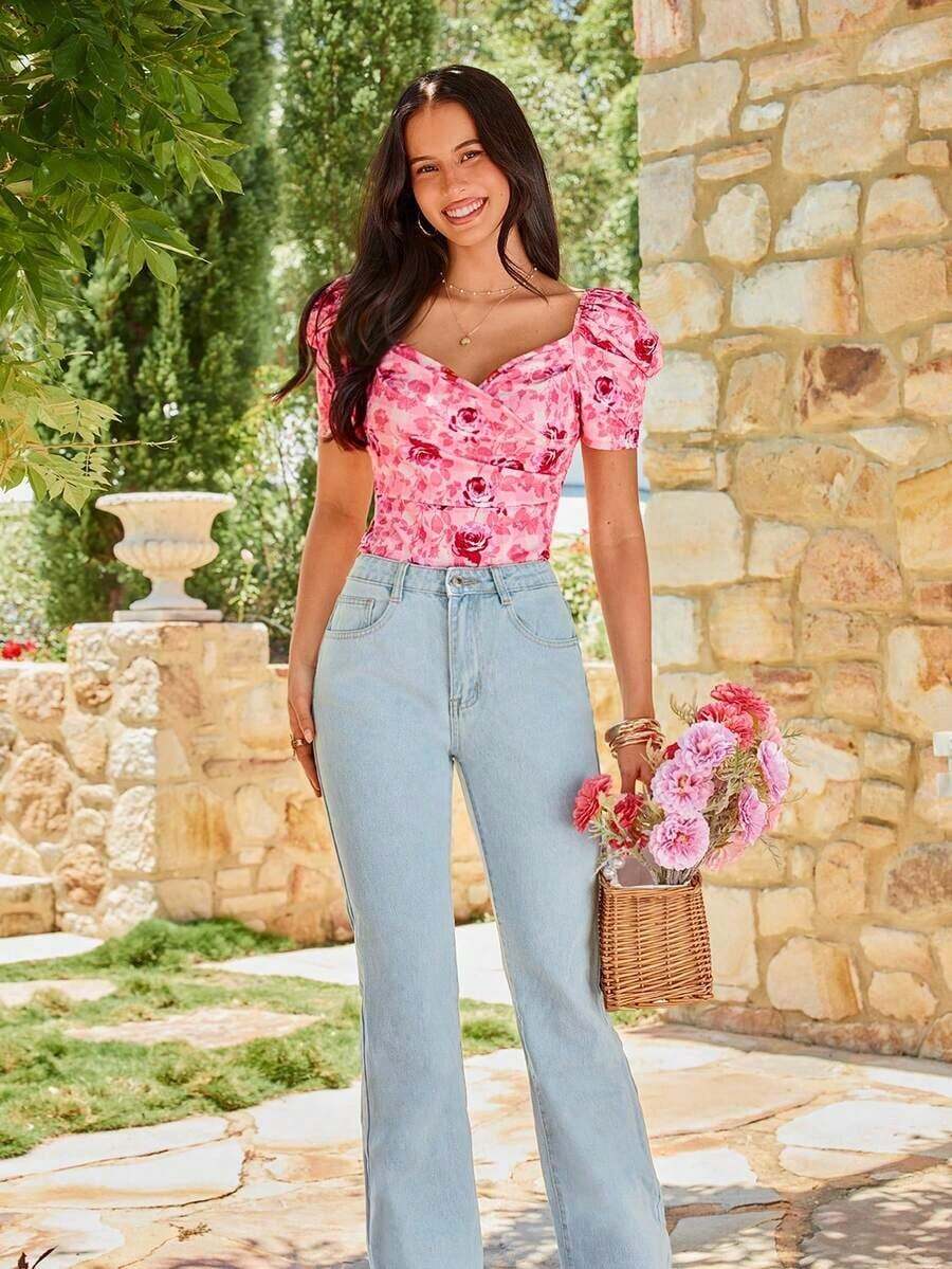 Camiseta de ajuste ceñido con mangas obispo y estampado floral elegante, de verano - Rosa - Ver 1