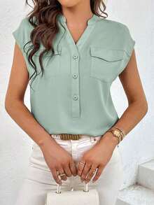 Camisa casual de mujer de unicolor con cuello en V, abotonadura sencilla y bolsillo - verde menta - Ver 3