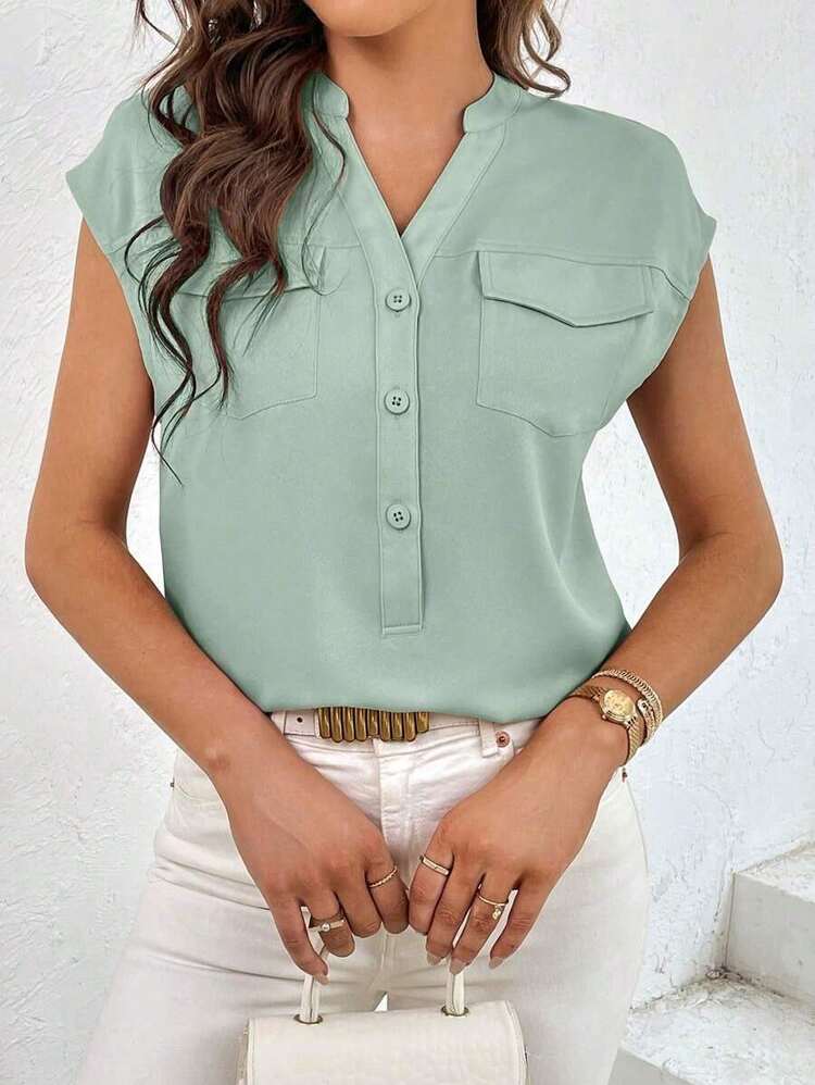 Camisa casual de mujer de unicolor con cuello en V, abotonadura sencilla y bolsillo - verde menta - Añade 3