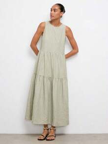 Vestido casual de vacaciones con diseño de volantes escalonados en verde jade, vestido cómodo con cuello redondo, división horizontal, parches y fruncidos, atuendo bohemio de playa, elegante vestido de estilo occidental para vacaciones de muje - Verde 2 - Ver 3