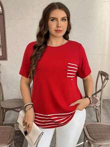 Camiseta casual de talla grande con bolsillo y rayas de contraste, prenda de vestir occidental estilo boho bohemio, top de festival de los 90, verano y primavera - Rojo - Ver 5