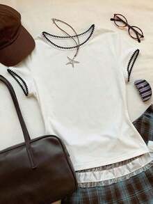 2026 Nueva Moda Camiseta Casual Versátil de Mujer con Cuello Redondo y Mangas Cortas, Contraste de Ribete, Top de Verano, Ropa de Primavera para Exteriores, Top Beige Casual Y2K - Blanco 2 - Ver 8