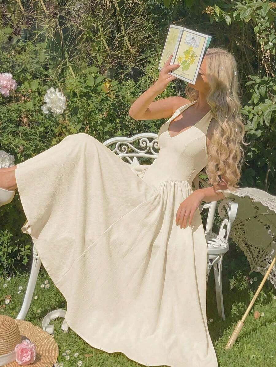YHHSHEIN MOD Vestido largo con corbata de cuello de unicolor y estilo minimalista para mujer, uso casual diarioYHH - Albaricoque - Ver 1