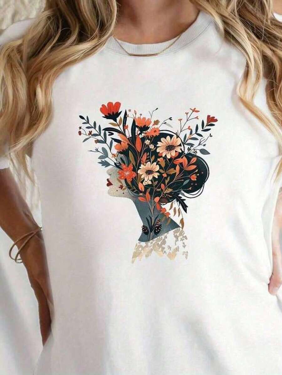 Fashionable Plus Size Women's T-Shirt, People And Flowers Print T-Shirt, Casual Short Sleeve Round Neck T-Shirt For Spring And Summer, 100% Cotton T-Shirt For Women's Summer Vacation - 白色 - 查看 1