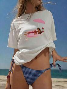 Women's Summer New Beach Sunbathing Dachshund Print Casuaacation Loose Versatile Round Neck Beige Short Sve T-Shirt, Fashionable Everyday Wear White - 白色 - 查看 1
