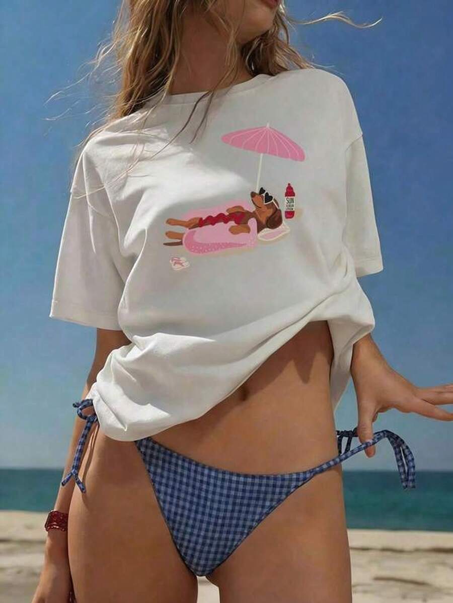 Women's Summer New Beach Sunbathing Dachshund Print Casuaacation Loose Versatile Round Neck Beige Short Sve T-Shirt, Fashionable Everyday Wear White - 白色 - 查看 1