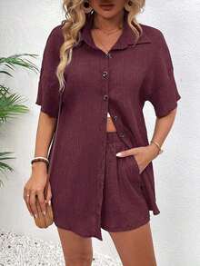 Conjunto de 2 piezas con blusa de manga corta de cuello de botones y shorts con lazo delantero, sencillo, para mujer - Rosa Roja - Ver 6