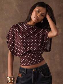 Camiseta corta de manga corta con estampado de lunares y murciélagos en la cintura para mujer - Café integral - Ver 7