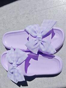 可爱格子蝴蝶结装饰绑带拖鞋，女士轻便EVA防滑拖鞋，厚底云朵鞋底家居浴室拖鞋，夏季休闲平底室内/室外沙滩凉鞋 - 紫色 - 查看 6