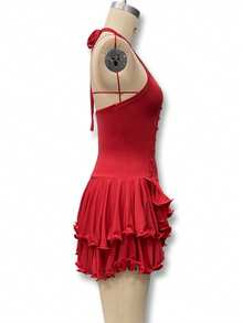 Vestido corto elegante mujer manga campana halter espalda descubierta ajustado con botones estilo europeo nueva moda - Rojo - Ver 6
