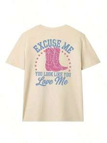 Camiseta vintage 100% para mujer, estilo punk suave y holgado, hecha de tela 100% algodón suave, estampada con el eslogan "EXCUSE ME YOU LOOK LIKE YOU LOVE ME" en rojo, llamativa y versátil, camiseta de manga corta estilo punk occidental americano, adecuada para salidas de fin de semana, fiestas temáticas de mezclilla y reuniones con amigos, ropa casual de verano para mujer, conjuntos de regalo para el Día de la Madre, ropa para la Copa del Mundo, ropa para fiestas de fútbol, ropa para días de juego, camiseta unisex de fútbol de EE. UU. de talla grande, ropa de verano para mujer. Moda - Albaricoque 3 - Ver 2