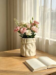 1pc Crumpled Paper Bag Shaped Vase , Cream Aesthetic Flower Pot For Home Desktop Decor, Ins Style Textured Planter For Living Room/Bedroom, Pink & Cream White - Multicolor - View 3