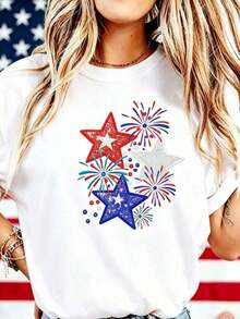 Women's Holiday T-Shirt, Patriotic T-Shirt For Women - Red, White And Blue Stars, With American Fireworks Design, Casual Loose Fit, Machine Washable, Fashionable Women's Top, 100% Cotton, Plus Size, Fun Retro Pattern T-Shirt - 白色 - 查看 12