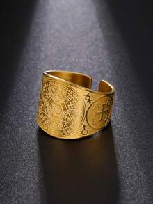 1 pieza Anillo abierto de acero inoxidable con patrón gráfico, estilo punk vintage, anillo de acero inoxidable para hombre - Serie de hexagramas - Ver 3