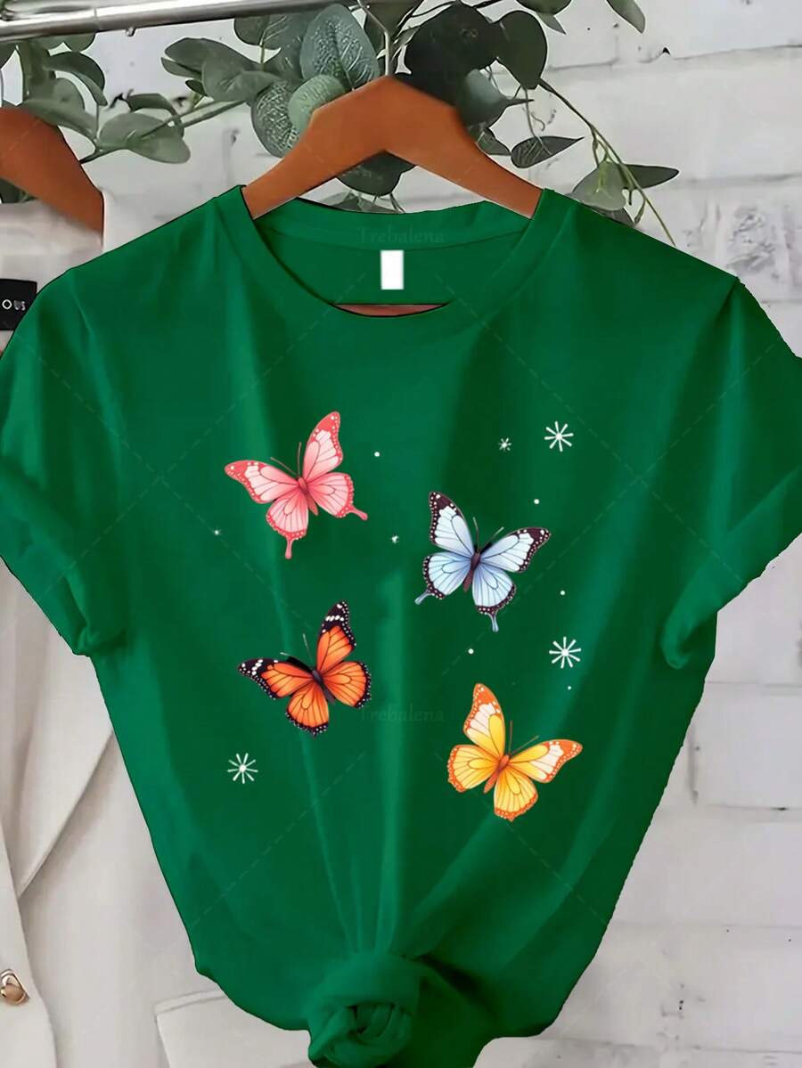 Women's Plus Size Classic T-Shirt With Butterfly Print - Loose, Lightweight, Short-Sleeved, Crew Neck, Ideal For Spring And Fall, Casual Urban Style With Butterfly Wing Design, Suitable For Spring, Summer, And Fall, A Great Gift For Thanksgiving And Christmas. Bestseller. - Green - View 1