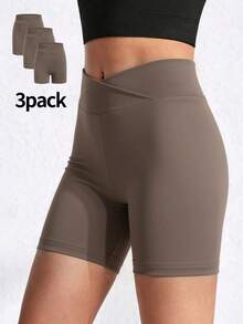 3pcs Girls' Solid Color Knit Casual Sports Shorts (YY783) - Brown - View 5