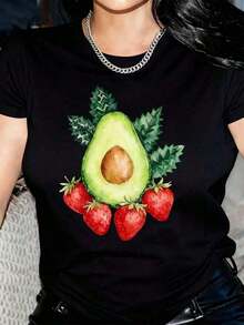playeras de algodón mujer 1psc1 camiseta divertida para mujer con estampado de aguacate y fresa - Corte holgado y de gran tamaño, manga corta, cuello redondo, con diseño de frutas humorísticas, camiseta gráfica casual y divertida para Halloween, Día de Acción de Gracias, Navidad - Ropa casual transpirable y estilo vintage urbano, camiseta unisex de algodón de manga corta y cuello redondo. 100%cotton ropa de mujer Daily home top - Negro - Ver 1