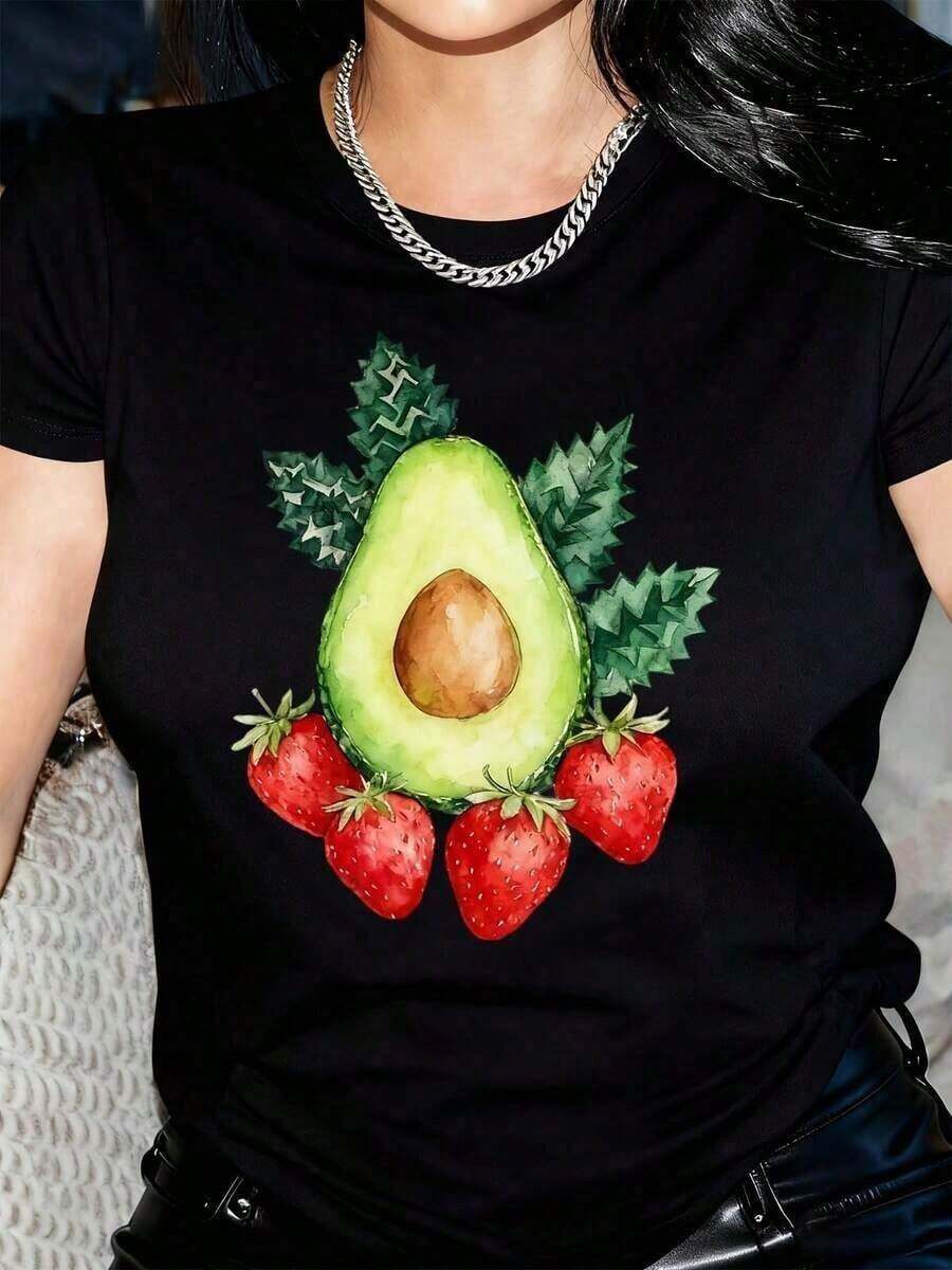 playeras de algodón mujer 1psc1 camiseta divertida para mujer con estampado de aguacate y fresa - Corte holgado y de gran tamaño, manga corta, cuello redondo, con diseño de frutas humorísticas, camiseta gráfica casual y divertida para Halloween, Día de Acción de Gracias, Navidad - Ropa casual transpirable y estilo vintage urbano, camiseta unisex de algodón de manga corta y cuello redondo. 100%cotton ropa de mujer Daily home top - Negro - Ver 1