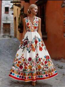 Vestido de línea A sin mangas con estampado de colocación de cuello en V de colores múltiples para vacaciones de verano de mujer - Multicolor - Ver 3