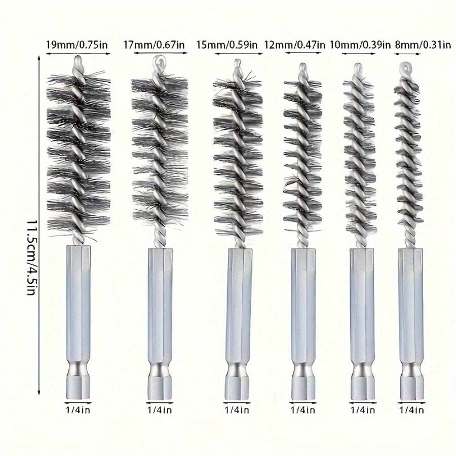 6 pezzi Set di spazzole in acciaio inossidabile con attacco esagonale da 1/4", varietà di dimensioni di spazzole metalliche per sbavatura, rimozione della ruggine, pulizia di fori, lucidatura e molatura, accessori per utensili elettrici - Visualizzare 1