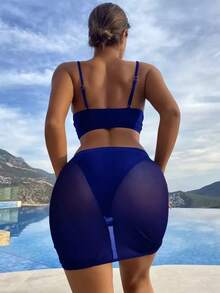 Swim Vcay Conjunto de bikini adornado con perlas, sujetador push up de concha, braguita de bikini y falda de playa Traje de baño de 3 piezas - azul real - Ver 3