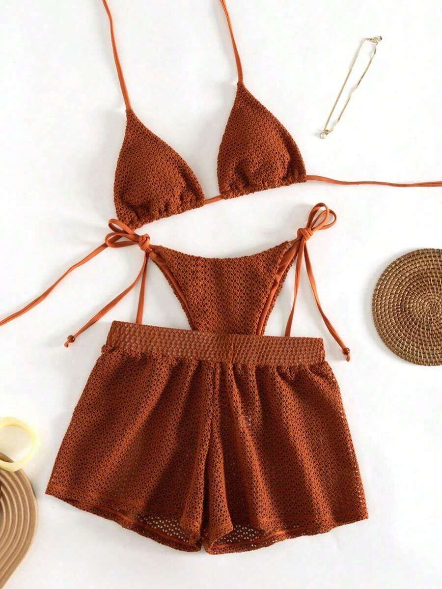 Swim Vcay Conjunto de 3 piezas de bikini con textura de tela a rayas azul y blanco, con tirantes finos y cuello halter, para primavera/verano 2026 - Naranja - Ver 1