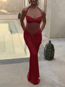 Vestido con tirantes finos, espalda descubierta, cintura ceñida y abertura alta, vestido de fiesta de vacaciones con parches de malla para boda - Burdeos - Ver 5